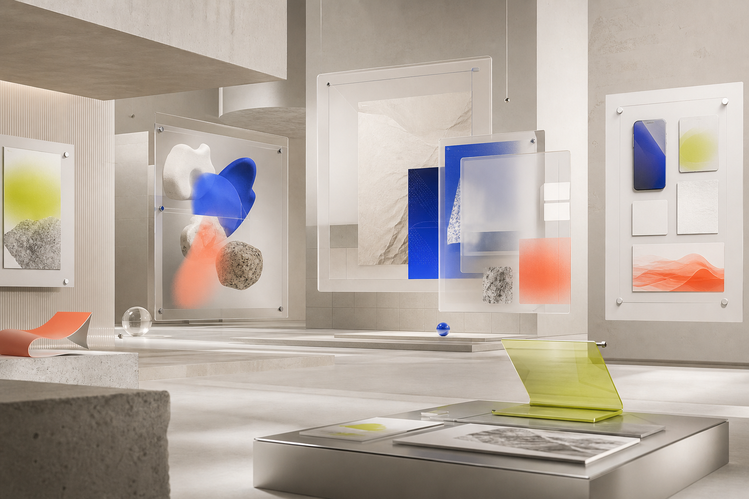 Futuristic hybrid design and development workspace with layered screens